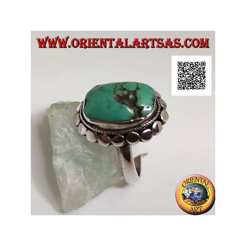 Silver ring with antique Tibetan turquoise oval surrounded by studs (12)