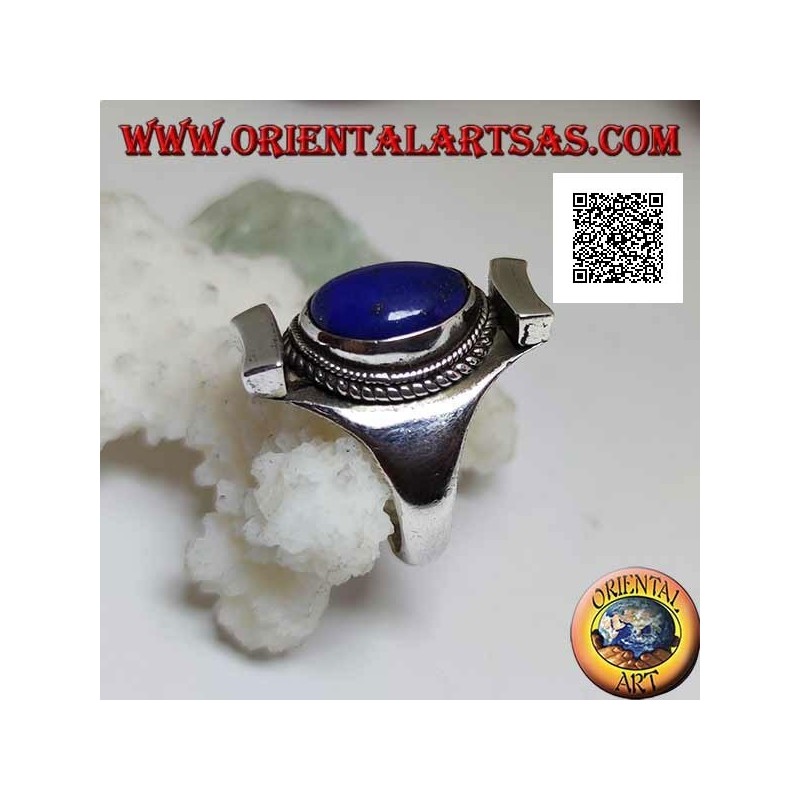 Silver ring with oval lapis lazuli surrounded by interlacing on Nepalese setting
