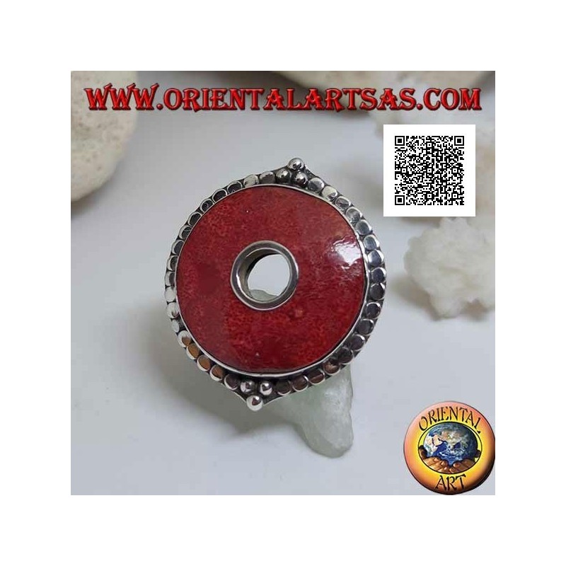 Bague en argent avec disque de corail rouge (corail) entouré de disques réglables (taille libre)