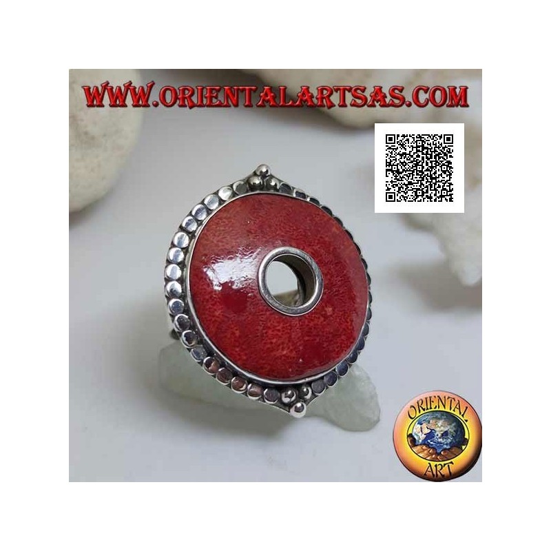Silver ring with red coral (coral) disc surrounded by adjustable discs (freesize)