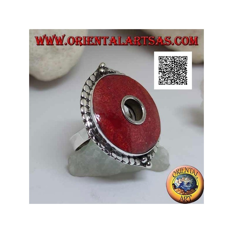 Bague en argent avec disque de corail rouge (corail) entouré de disques réglables (taille libre)