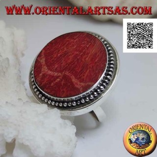 Silver ring with round red madrepora (coral) surrounded by adjustable balls (freesize)
