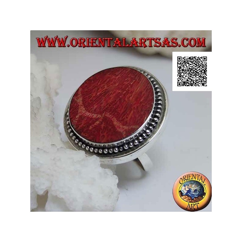 Anello in argento con madrepora rossa (corallo) tonda contornata da palline regolabile (freesize)