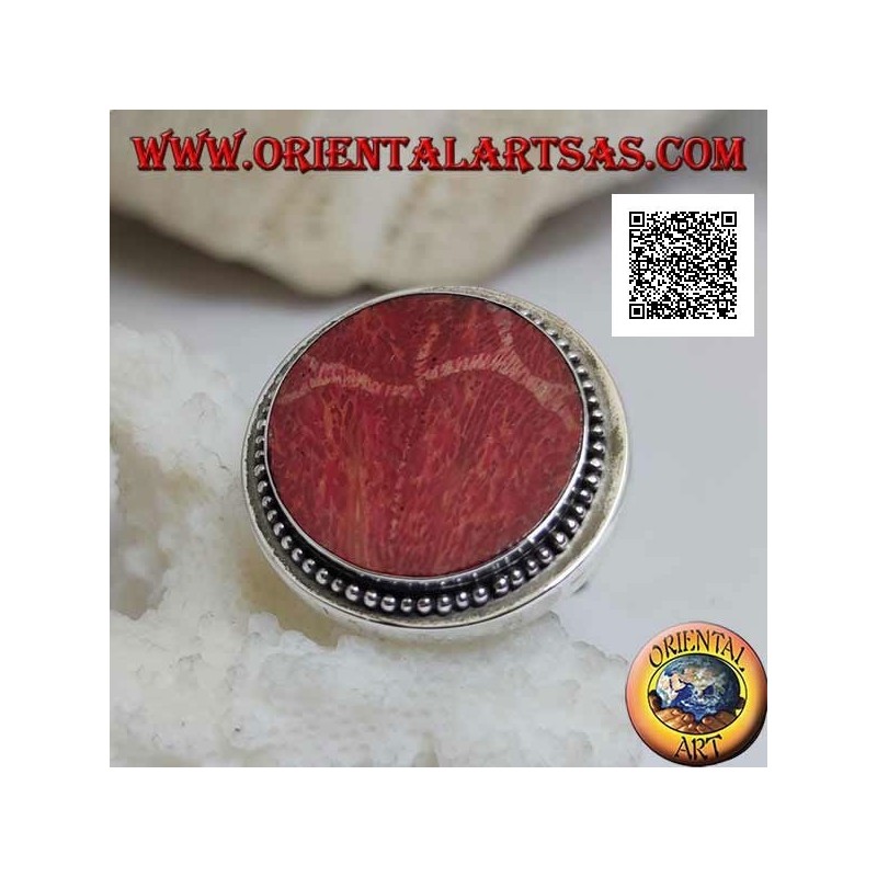 Silver ring with round red madrepora (coral) surrounded by adjustable balls (freesize)