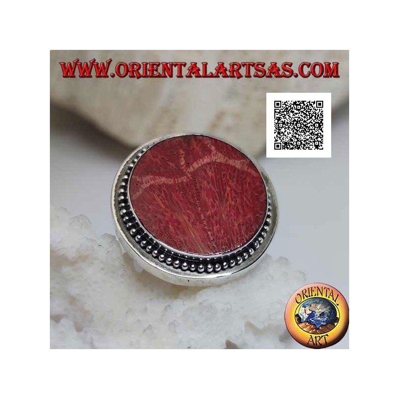 Anillo de plata con madrepora roja redonda (coral) rodeada de bolas ajustables (tamaño libre)