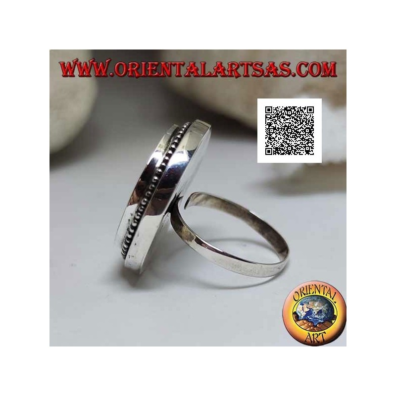 Silver ring with round red madrepora (coral) surrounded by adjustable balls (freesize)