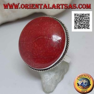Bague en argent avec cabochon rond corail rouge (corail) entouré d'un cordon réglable (taille libre)