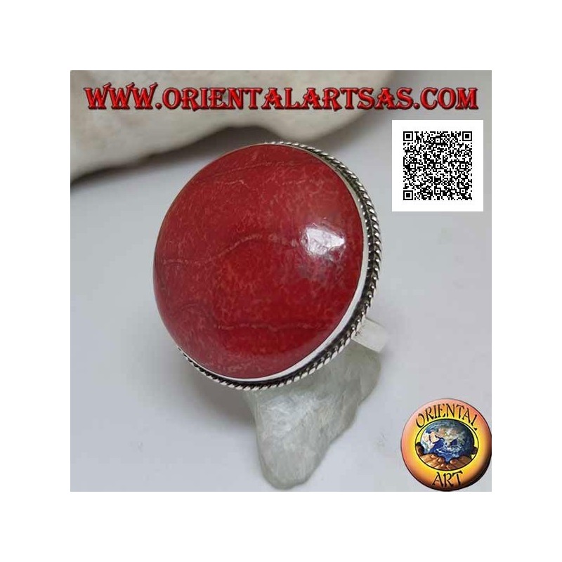 Silver ring with red coral (coral) round cabochon surrounded by adjustable cord (freesize)