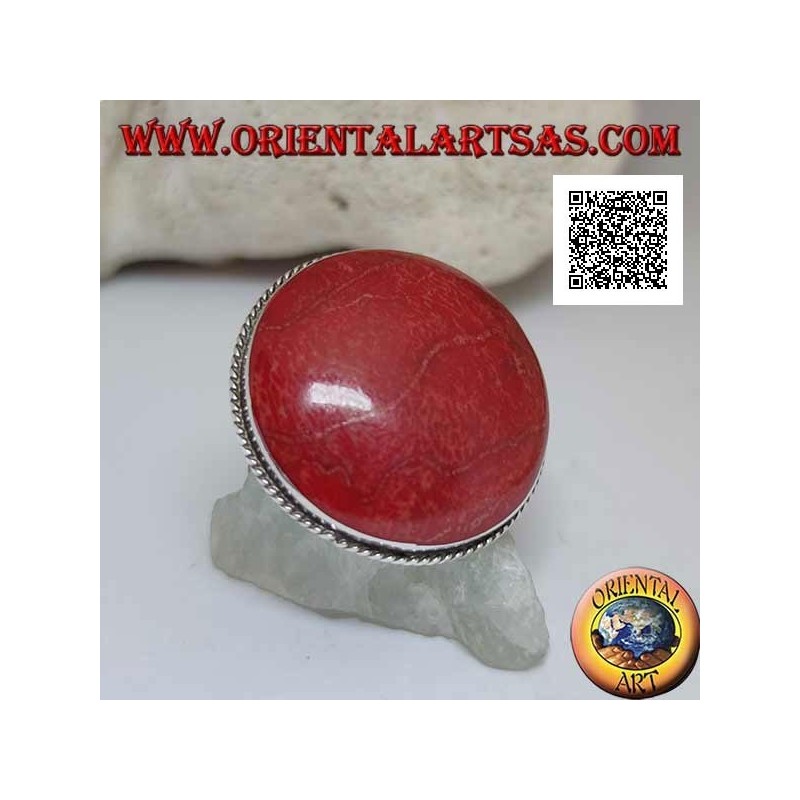 Silberring mit rundem Cabochon aus roter Koralle (Koralle), umgeben von verstellbarer Schnur (Freesize)