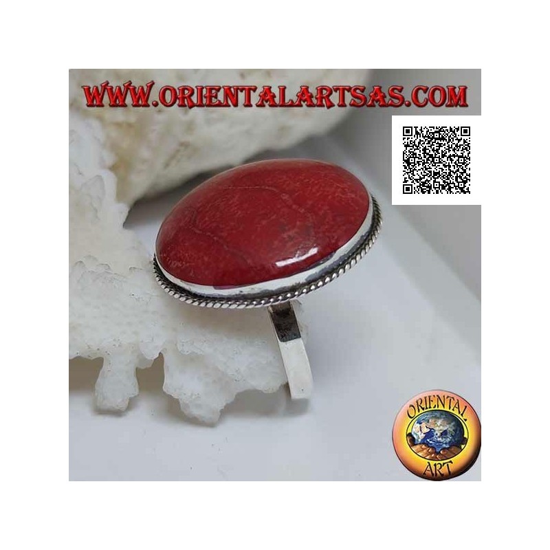 Silver ring with red coral (coral) round cabochon surrounded by adjustable cord (freesize)