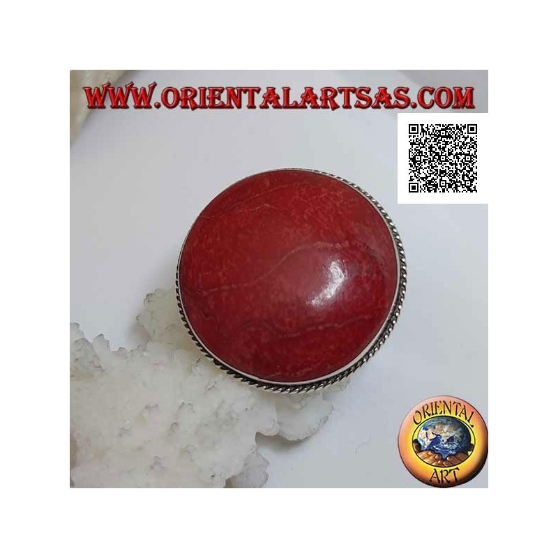 Anillo de plata con cabujón redondo de coral rojo (coral) rodeado de cordón ajustable (tamaño libre)