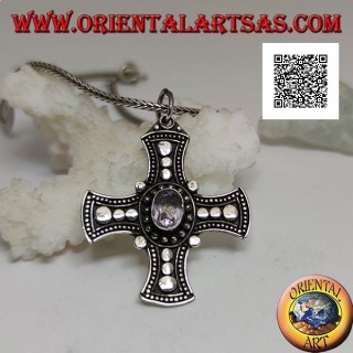 Pendentif en argent, croix celtique avec améthyste ovale naturelle et disques sur les bras