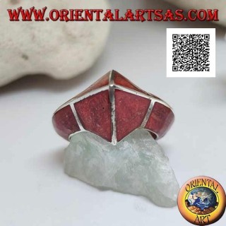 Red madrepora ring (coral) with frontal pointed silver structure
