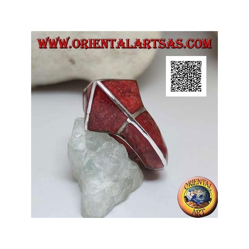 Red madrepora ring (coral) with frontal pointed silver structure