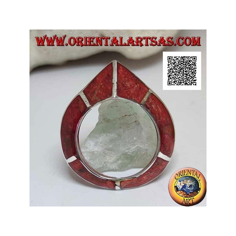 Bague madrépore rouge (corail) avec structure frontale en argent pointu