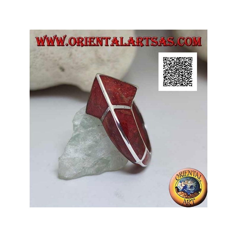 Bague madrépore rouge (corail) avec structure frontale en argent pointu