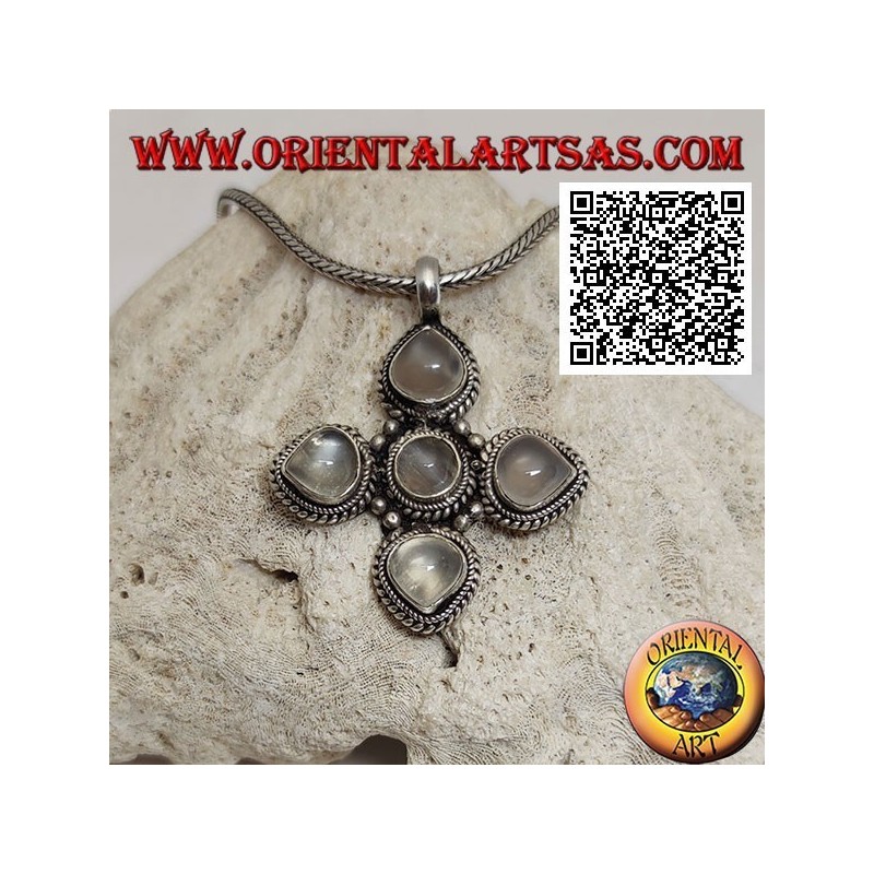 Pendentif en argent, croix grecque avec 4 pierres de lune adulary goutte et une ronde entourée de tissage