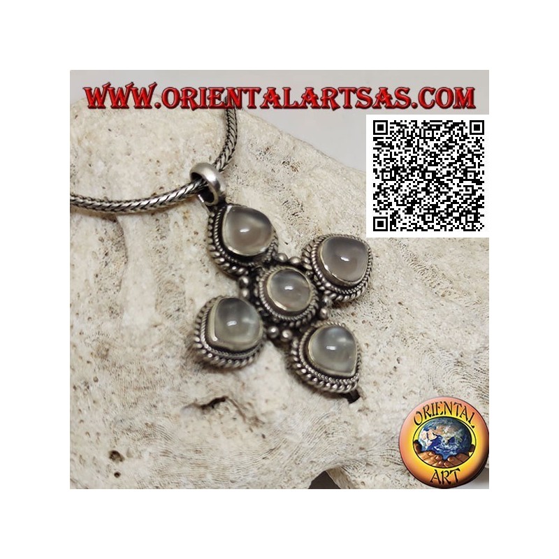 Silver pendant, Greek cross with 4 droplet adulary moonstones and a round one surrounded by weaving