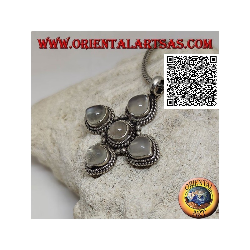 Pendentif en argent, croix grecque avec 4 pierres de lune adulary goutte et une ronde entourée de tissage