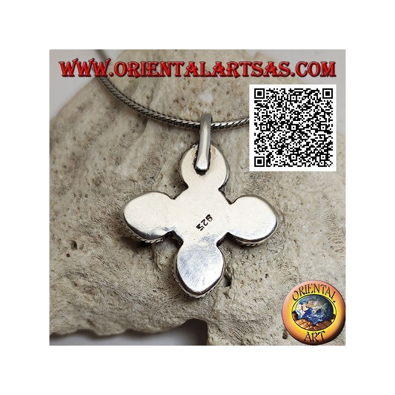 Silver pendant, Greek cross with 4 droplet adulary moonstones and a round one surrounded by weaving