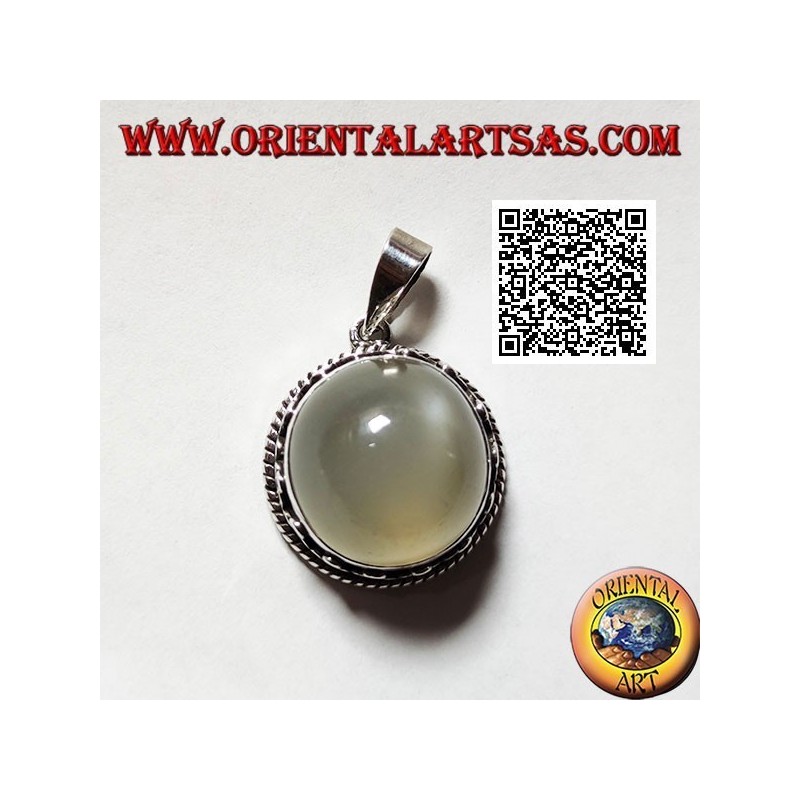 Silver pendant with round cabochon moonstone surrounded by interlacing and trio of discs