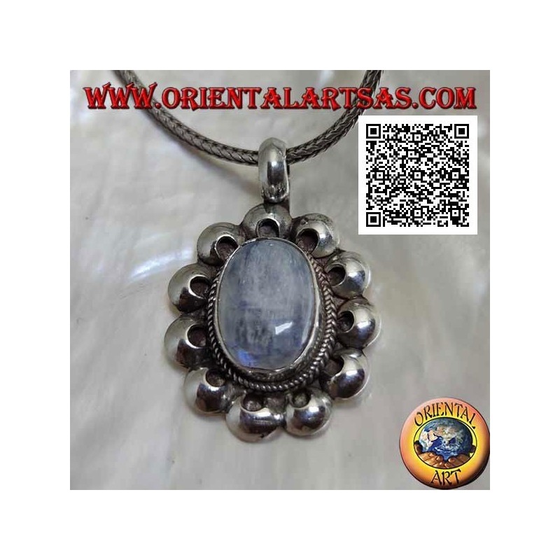 Silver pendant with an oval rainbow moonstone (adularia) surrounded by perforated discs