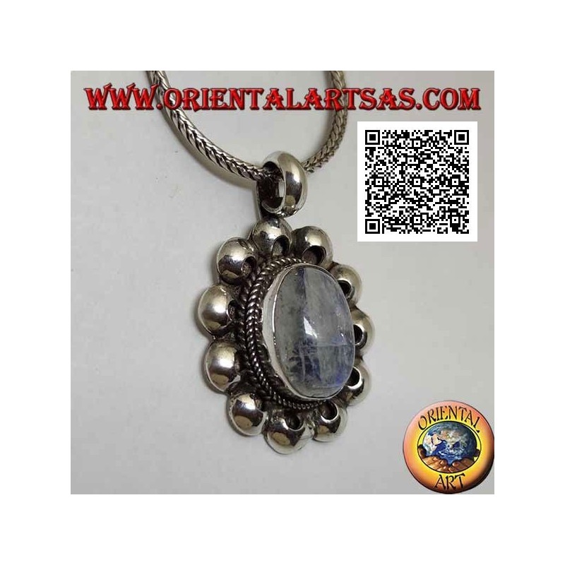 Silver pendant with an oval rainbow moonstone (adularia) surrounded by perforated discs