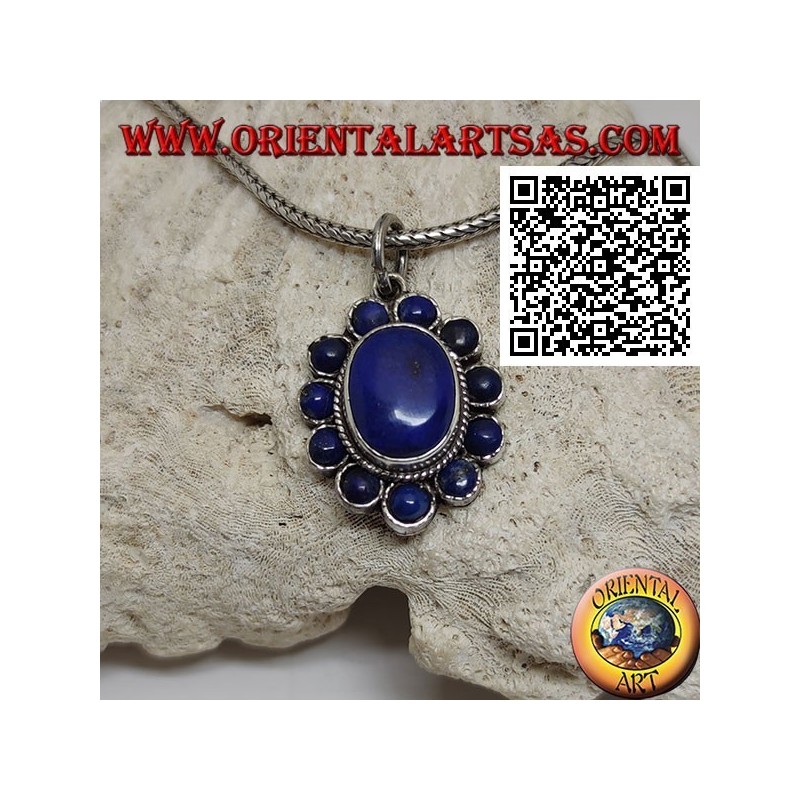 Pendentif fleur en argent avec cabochon ovale lapis lazuli au centre et pétales ronds