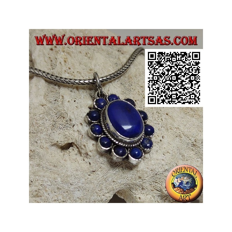 Silver flower pendant with oval cabochon lapis lazuli in the center and round petals