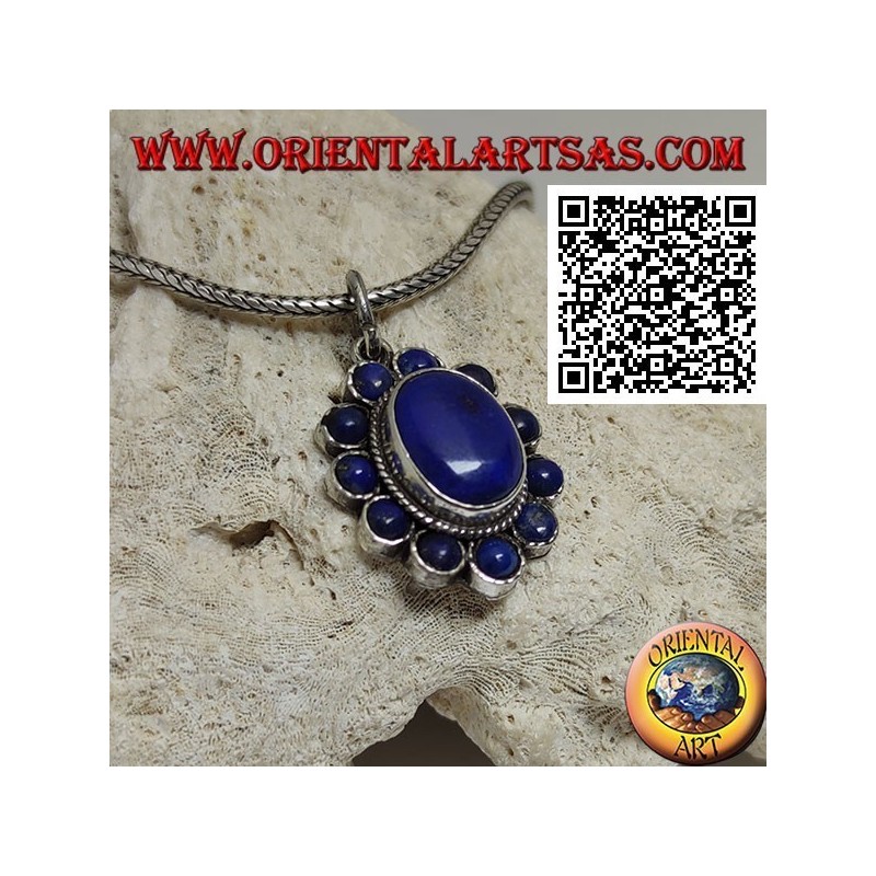 Silver flower pendant with oval cabochon lapis lazuli in the center and round petals