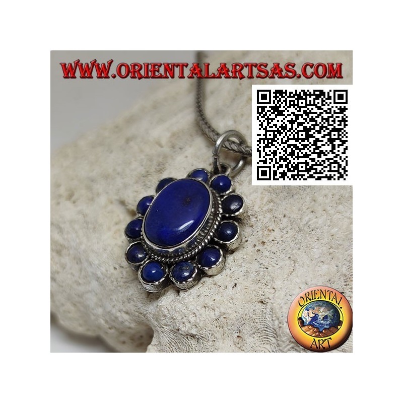 Pendentif fleur en argent avec cabochon ovale lapis lazuli au centre et pétales ronds