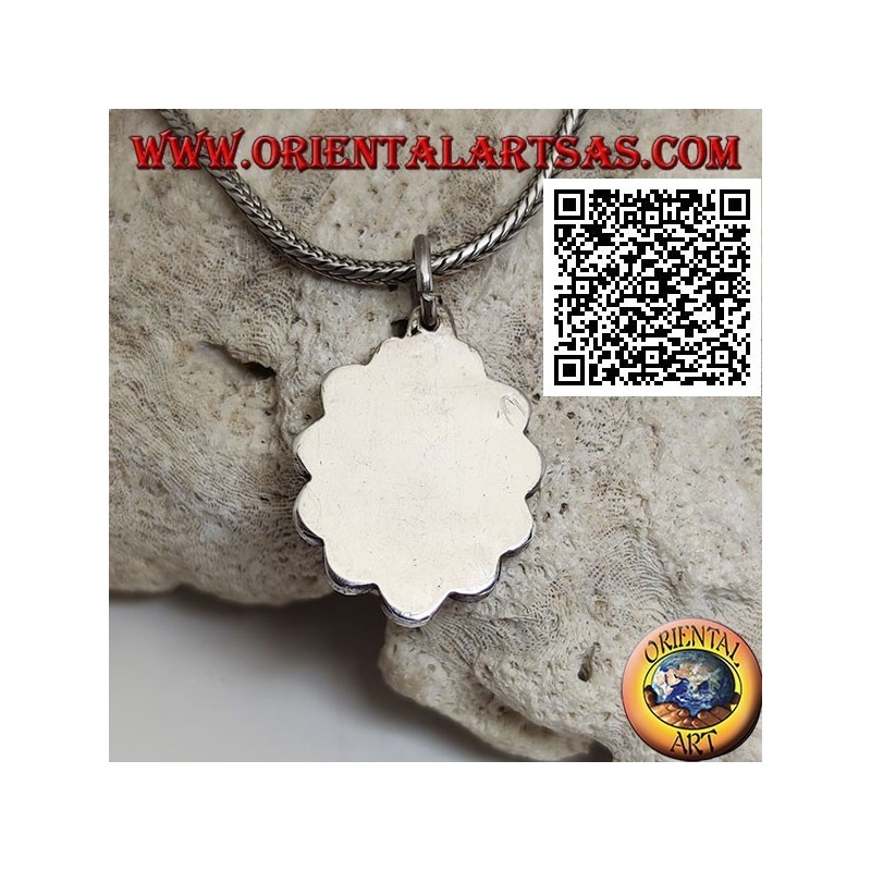 Silver flower pendant with oval cabochon lapis lazuli in the center and round petals
