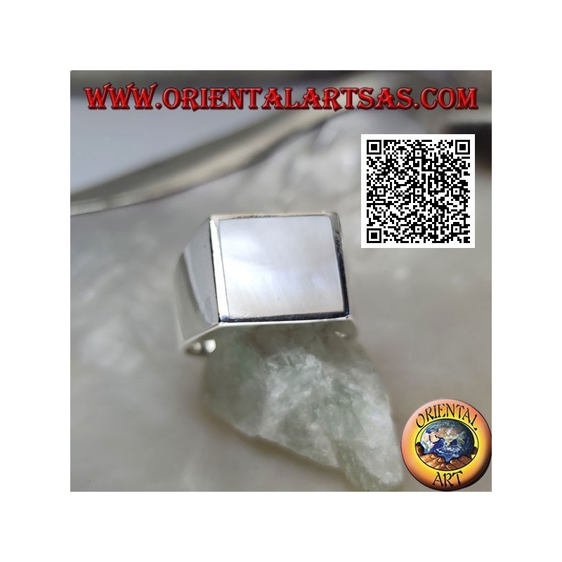 Silver ring with square mother of pearl flush with the edge on a smooth 13 * 13 setting