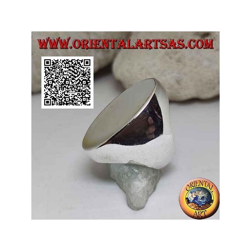 Silver ring with large oval mother-of-pearl flush with the edge on a smooth setting