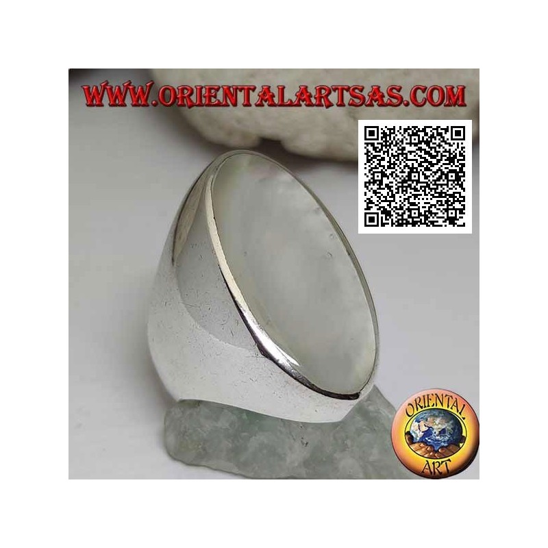 Silver ring with large oval mother-of-pearl flush with the edge on a smooth setting
