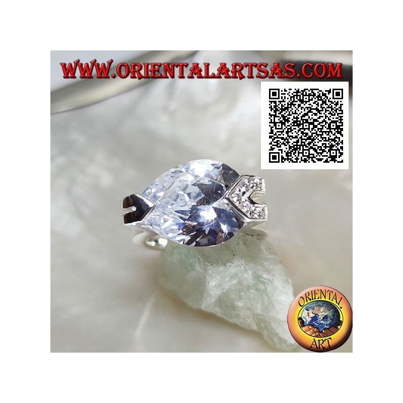 Anillo de plata rodiada con circonitas blancas facetadas en forma de lágrima con circonitas blancas en gancho