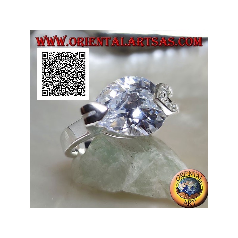 Anello in argento rodiato con zircone a goccia bianco sfaccettato con zirconi bianchi su un gancio