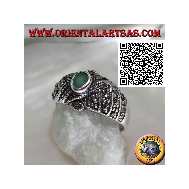Silver ring with oval green agate on crossed threads studded with marcasite