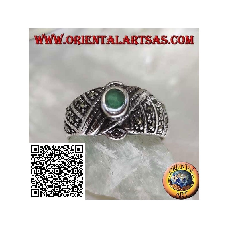 Silver ring with oval green agate on crossed threads studded with marcasite