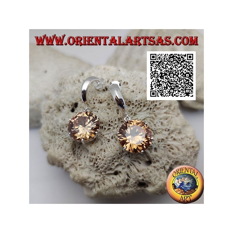 Orecchini in argento da lobo semicerchio largo liscio con zircone champagne tondo grande sfaccettato pendente  