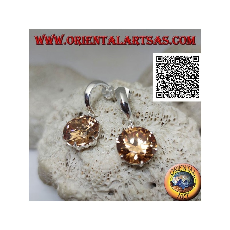 Orecchini in argento da lobo semicerchio largo liscio con zircone champagne tondo grande sfaccettato pendente