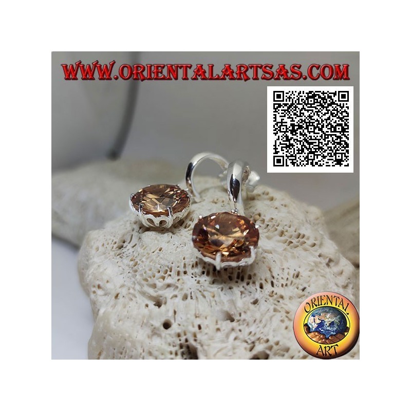Smooth wide semicircle lobe silver earrings with large round faceted pendant champagne zircon