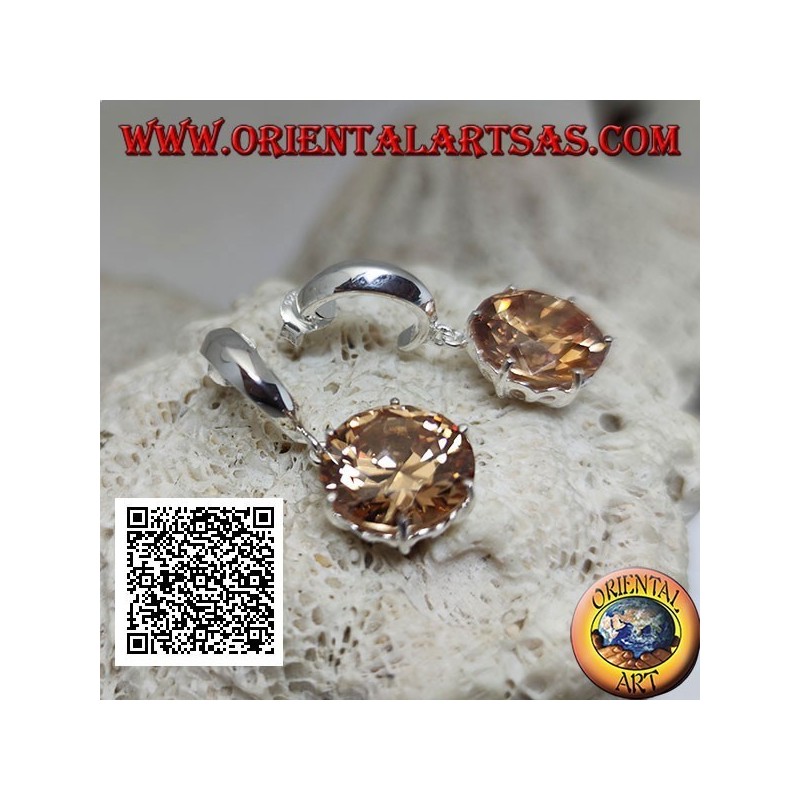 Boucles d'oreilles en argent lobe large demi-cercle et grand pendentif rond à facettes champagne zircon