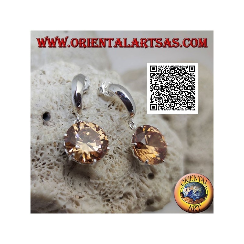 Boucles d'oreilles en argent lobe large demi-cercle et grand pendentif rond à facettes champagne zircon