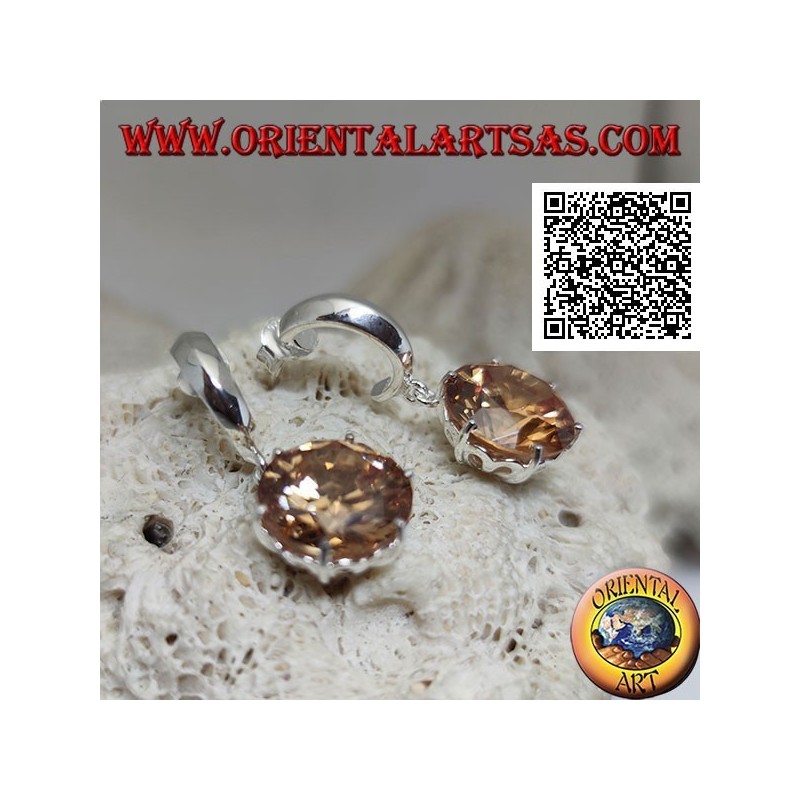 Smooth wide semicircle lobe silver earrings with large round faceted pendant champagne zircon