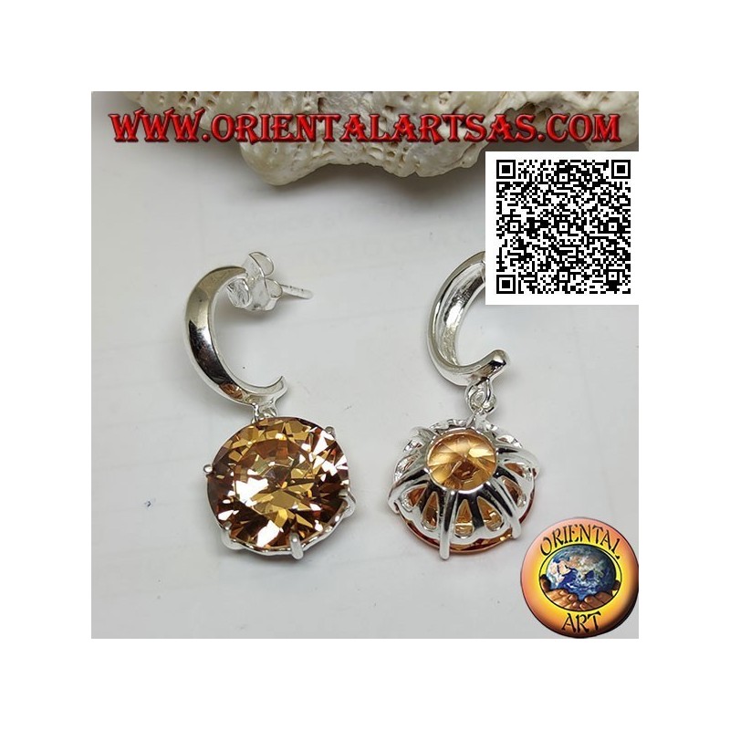 Orecchini in argento da lobo semicerchio largo liscio con zircone champagne tondo grande sfaccettato pendente
