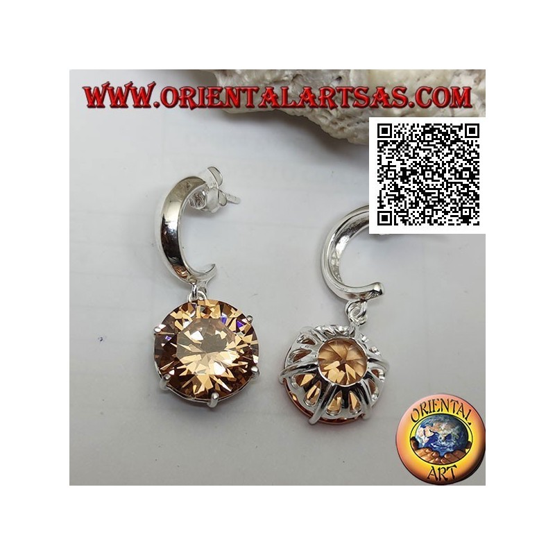 Boucles d'oreilles en argent lobe large demi-cercle et grand pendentif rond à facettes champagne zircon