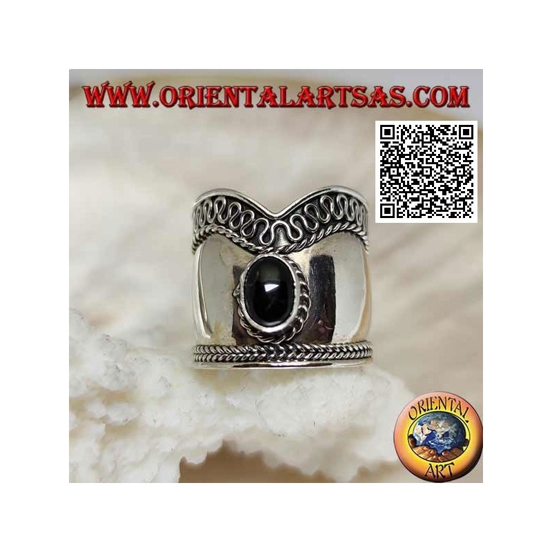 Large bague en argent en forme de V avec onyx ovale et serpentine d'un côté, Bali