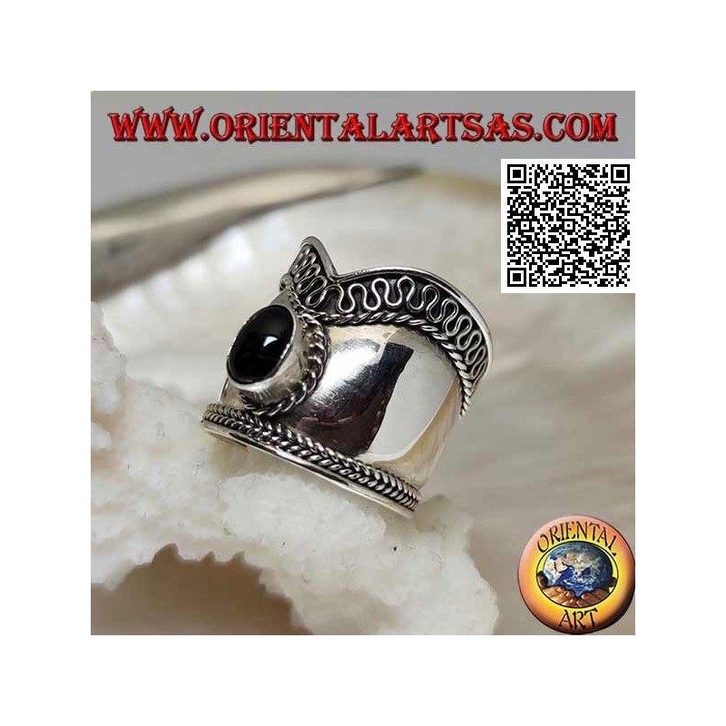 Breiter V-förmiger Silberring mit ovalem Onyx und Serpentin auf einer Seite, Bali