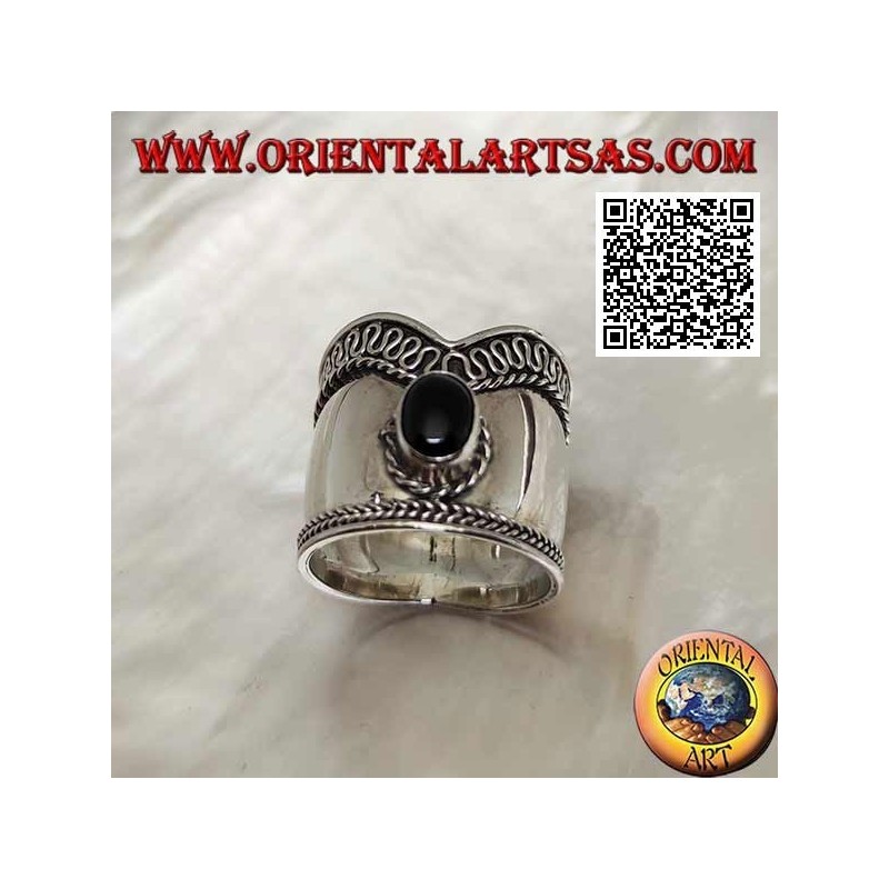 Breiter V-förmiger Silberring mit ovalem Onyx und Serpentin auf einer Seite, Bali